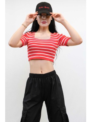 Modi Moda Çizgi Triko Crop Çizgili Kırmızı