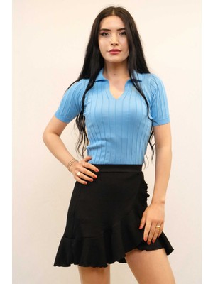 Modi Moda Çizgi Gömlek Yaka Triko Bluz Mavi