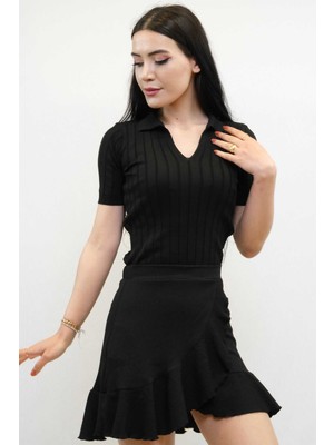 Modi Moda Çizgi Gömlek Yaka Triko Bluz Siyah