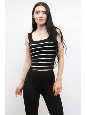 Modi Moda Çizgi Kare Yaka Çizgili Triko Bluz Siyah