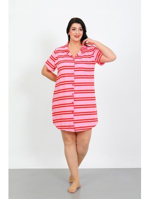 Modi Moda Çizgi Büyük Beden Penye Düğmeli Pembe Tunik Gecelik 1033
