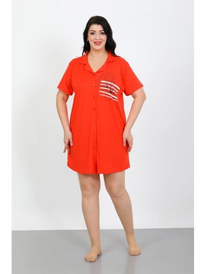 Modi Moda Çizgi Büyük Beden Penye Düğmeli Nar Çiçeği Tunik Gecelik 1025