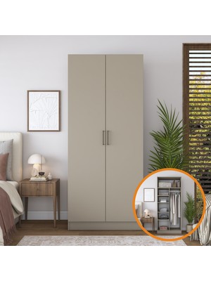 Rani BA240 Gardırop 2 Kapaklı 5 Raflı Askılı Elbise Dolabı Kumtaşı