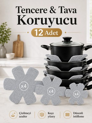 Beylini 12'li Tencere Tava Koruyucu Set 3 Boy Borcam Çizdirmezi Tabak Koruyucu Elyaflı Çizdirmez Nihale Tencere Tava Tabak Arası Ayırıcı Mutfak Düzenleyici