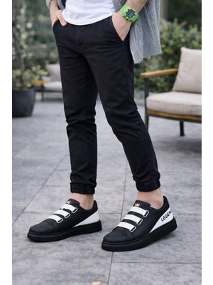 Mevese Mirox Erkek Bağcıksız 3 Bant Lastikli Günlük Sneaker Ayakkabı - Siyah Beyaz