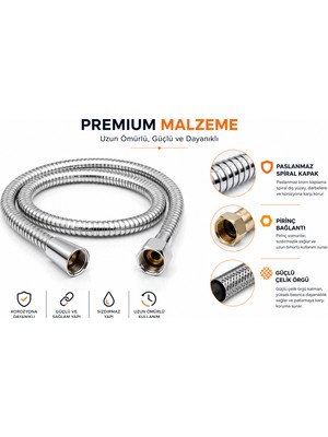 Marinox 150 cm Premium Spiral Duş Hortumu Paslanmaz Krom Kaplama Çelik Örgülü Pirinç Somunlu 1/2'' Bağlantı