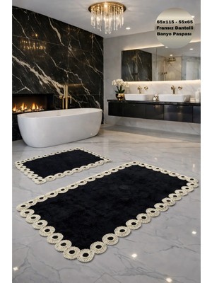 Modernsoft Noctra Siyah Dikdörtgen Fransız Dantelli Deri Kaymaz Tabanlı Yumuşak Banyo Paspası