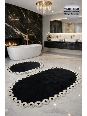 Modernsoft Noctra Siyah Oval Fransız Dantelli Deri ve Kaymaz Tabanlı Şık Banyo Paspası Modern Yumuşak