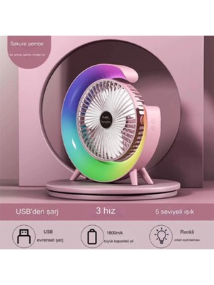 Ynt İthalat Masaüstü Vantilatör USB Şarjlı Rgb LED Işıklı 3 Kademeli 180° Ayarlanabilir Soğutucu Fan Pembe