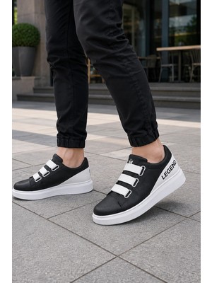 Mevese Mirox Erkek Bağcıksız 3 Bant Lastikli Günlük Sneaker Ayakkabı - Siyah Beyaz