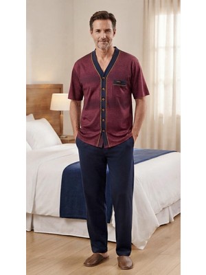 Kly Pijama Kly 2227 %100 Pamuk Boydan Düğmeli Yakasız Yarım Kollu 3 Lü Pijama Takım