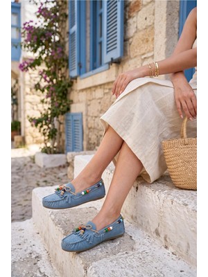 West To West Kadın Jeans Loafer Renkli Boncuk Detaylı Günlük Ayakkabı