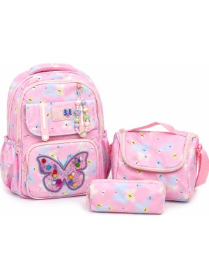 Mars Kırtasiye ve Oyuncak Ilkokul Kız Çocuk 3'lü Okul Çantası Seti Kelebek Desenli Pembe (Okul Çantası + Beslenme Çantası + Kalemlik)  Model Kodu: