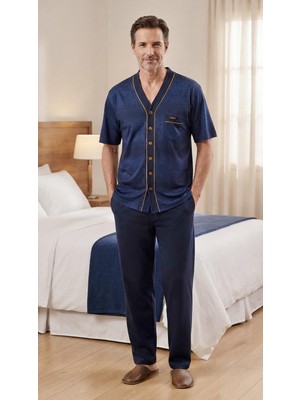 Kly Pijama Kly 2227 %100 Pamuk Boydan Düğmeli Yakasız Yarım Kollu 3 Lü Pijama Takım