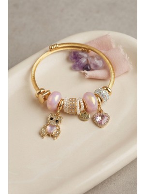 Aesco Pembe Renk Teddy Bear Model Gold Charmlı Bileklik