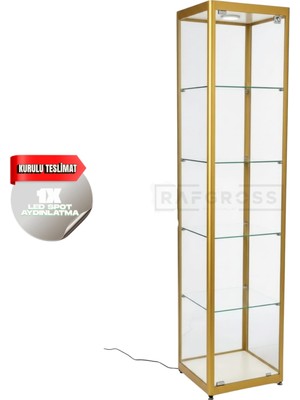 Camlı Vitrin Dolabı 40X40X180 cm – Spot Aydınlatmalı Kilitli Cam Gümüşlük ve Koleksiyon Sergileme Dolabı