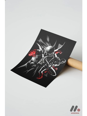 Modiwa Design One Punch Man Siyah Poster, Çerçevesiz Yüksek Kalite Duvar Afişi - Anime Severlere Özel Hediye