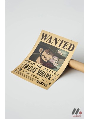 Modiwa Design One Piece Mihawk Wanted Poster, Çerçevesiz Yüksek Kalite Duvar Afişi - Anime Severlere Özel Hediye