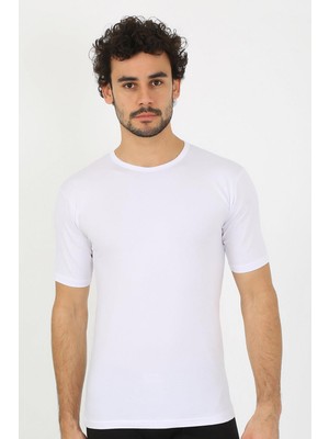 Modi Moda Çizgi Erkek Sıfır Yaka Likralı Beyaz T-Shirt 65710