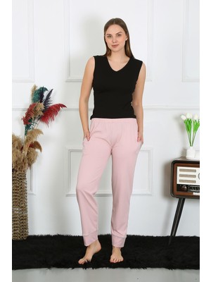 Modi Moda Çizgi Kadın Pamuk Penye Cepli Tek Alt Pijama Pudra 27512