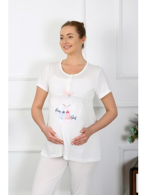 Modi Moda Çizgi Kadın Kısa Kol Hamile Lohusa Pijama Takımı Ekru 45210