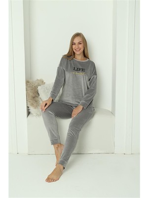 Modi Moda Çizgi Kadın Kadife Gri Pijama Takım 20624
