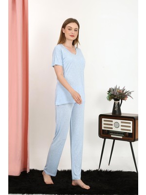 Modi Moda Çizgi Kadın Kısa Kol Pamuk Penye Pijama Takım Mavi 4213