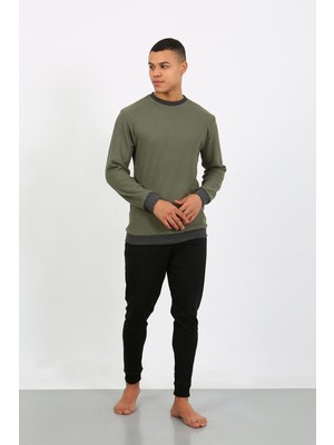 Modi Moda Çizgi Erkek Uzun Kol Manşetli Paça Penye Pijama Takımı 6870 Haki