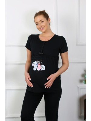 Modi Moda Çizgi Kadın Kısa Kol Hamile Lohusa Pijama Takımı Siyah 45210