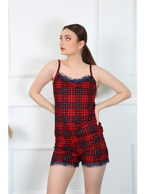 Modi Moda Çizgi Kadın Ip Askılı Ekoseli Şortlu Takım 3599