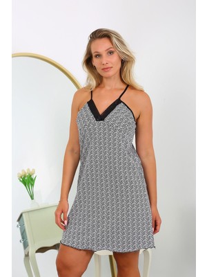 Modi Moda Çizgi Kadın Pamuk Ip Askılı Desenli Büyük Beden Gecelik 999 Beyaz