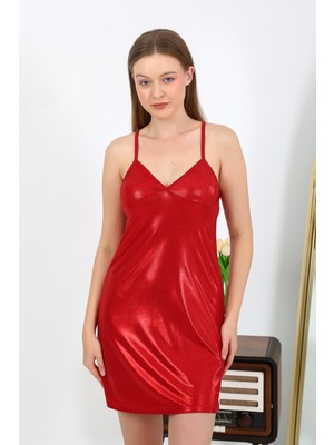 Modi Moda Çizgi Ip Askılı Kısa Parlak Gecelik Ev Giyim Kırmızı 7416