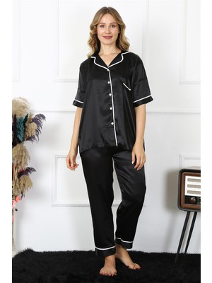 Modi Moda Çizgi Kadın Büyük Beden Siyah Saten Pijama Takımı 10303