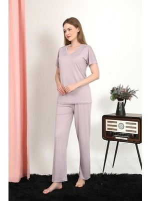 Modi Moda Çizgi Kadın Kısa Kol Pamuk Penye Pijama Takım Pudra 4213