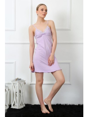 Modi Moda Çizgi Kadın Ip Askılı Lila Penye Gecelik 367