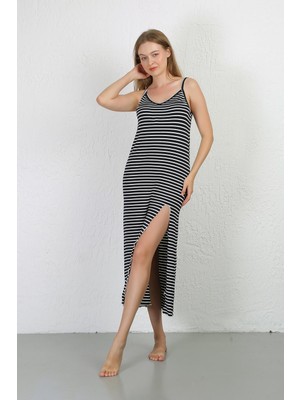 Modi Moda Çizgi Ip Askılı Uzun Yırtmaçlı Penye Gecelik 90127