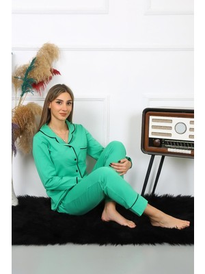 Modi Moda Çizgi Kadın Pamuk Penye Önden Düğmeli Uzun Kol Yeşil Pijama Takım 2782