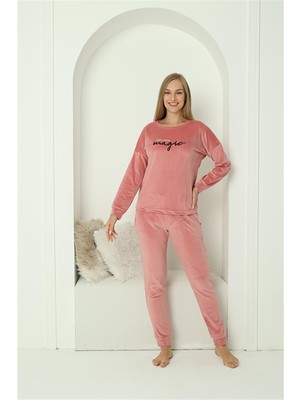Modi Moda Çizgi Kadın Kadife Pembe Pijama Takım 20624