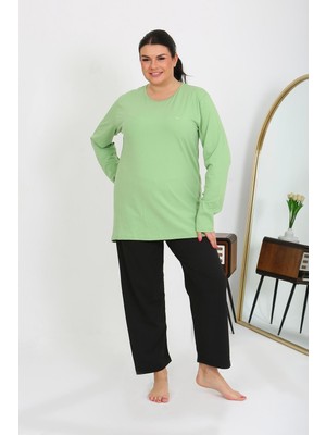 Modi Moda Çizgi Kadın Büyük Beden Uzun Kol Penye Pijama Takımı Fıstık Yeşili 202408