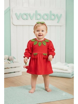 Vavbaby Kiraz Detaylı ve Yaprak Yakalı Kırmızı Kız Bebek Elbisesi ve Yaprak Figürlü Baş Tacı