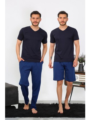 Modi Moda Çizgi Erkek Penye 3'lü Lacivert V Yaka Pijama Takımı 6822