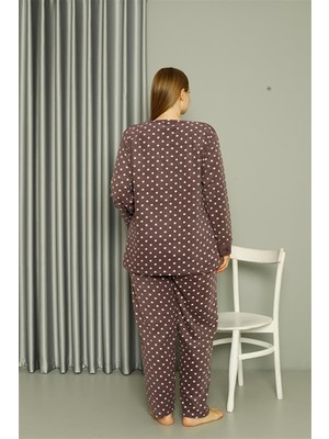 Modi Moda Çizgi Welsoft Polar Kadın Büyük Beden Mürdüm Pijama Takımı 808048