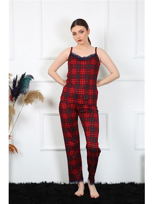 Modi Moda Çizgi Kadın Ip Askılı Kırmızı Ekoseli Pijama Takım 4135
