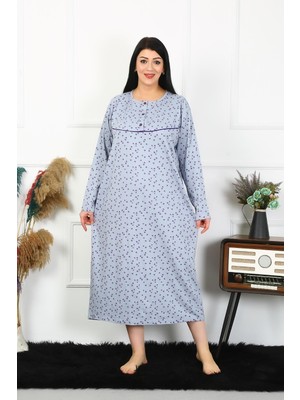 Modi Moda Çizgi Kadın Büyük Beden Uzun Kol Indigo Anne Gecelik 1366
