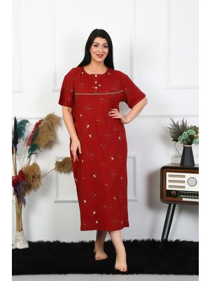 Modi Moda Çizgi Kadın Büyük Beden Kısa Kol Bordo Anne Gecelik 1370