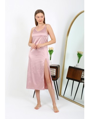 Modi Moda Çizgi Yırtmaçlı Uzun Saten Gecelik Pudra 7410