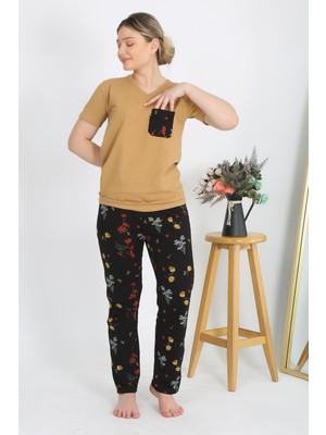 Modi Moda Çizgi Kadın Kısa Kol Pamuk Penye Pijama Takım Hardal 4214