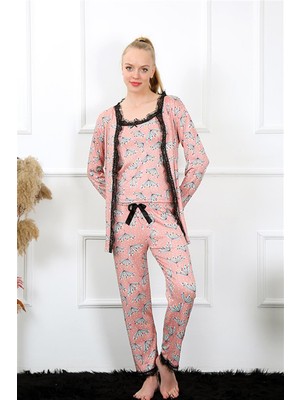 Modi Moda Çizgi Kadın 3'lü Somon Sabahlık Pijama Takım 16103