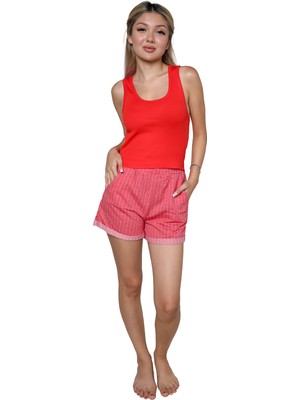 Modi Moda Çizgi Kadın Kalın Askılı Şortlu Pijama Takım Kırmızı 3628