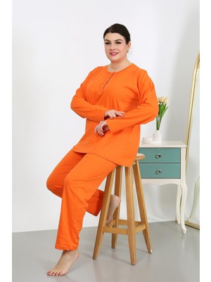 Modi Moda Çizgi Kadın Büyük Beden Uzun Kol Penye Pijama Takımı Turuncu 202501